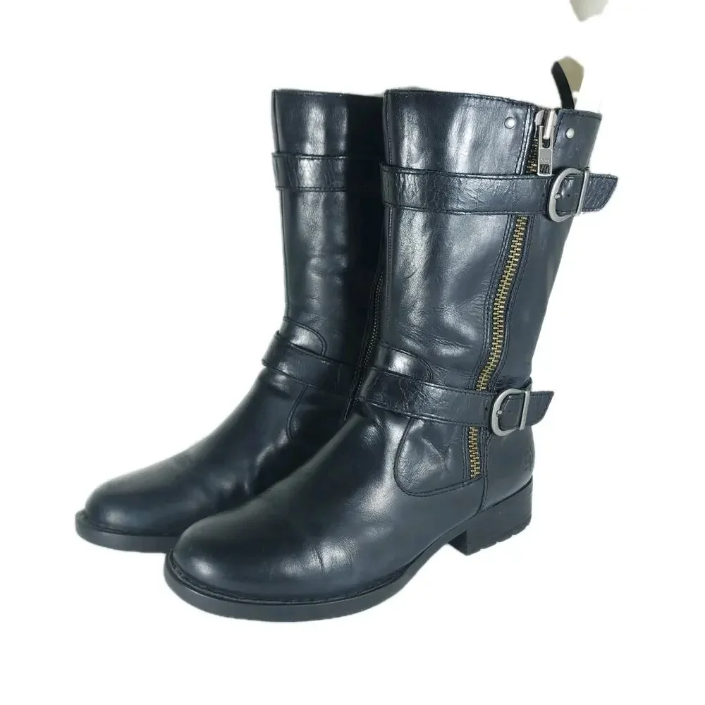 Born Women's Erie US8,5M Black Leather Side Zip Buckles Mid Calf Biker Boots
